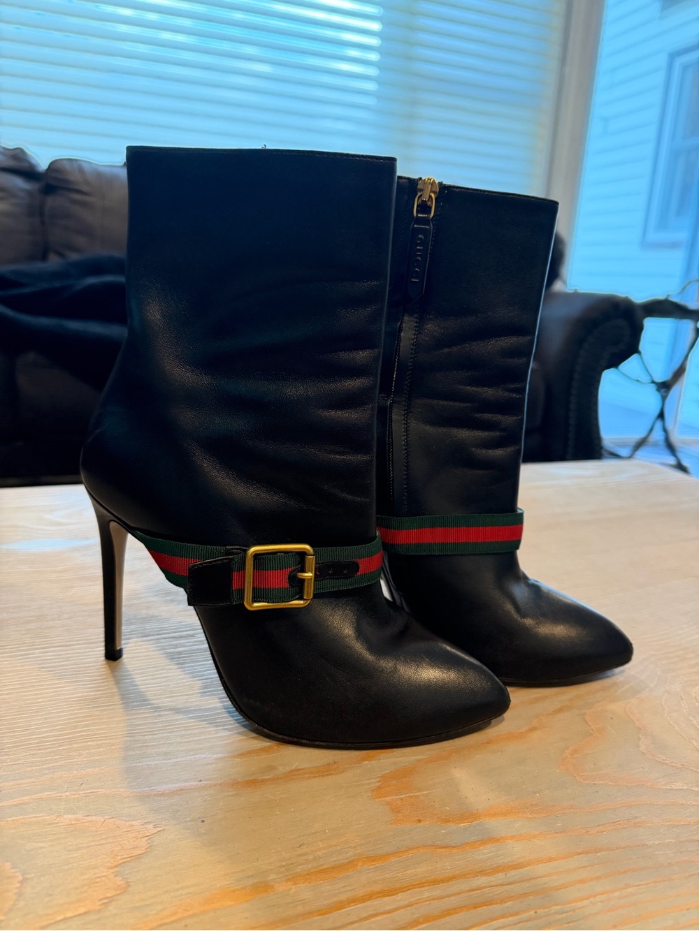 Gucci Black Leather Stiletto Ankle Boots with Red-Green Web Strap